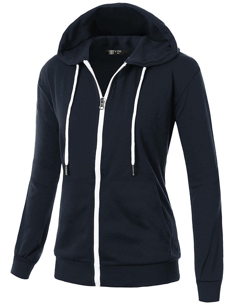 GIVON Women's Lightweight Zip Up Hoodie â€“ Long Sleeve Thin Casual Hooded Jacket, Plus DCF200-NAVY-M - Image 1